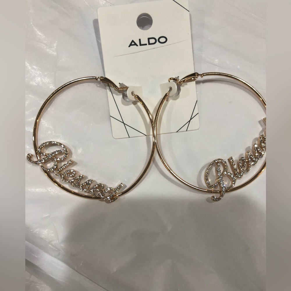 Aldo gold tone crystal rhinestone Blessed hoop circle earrings new